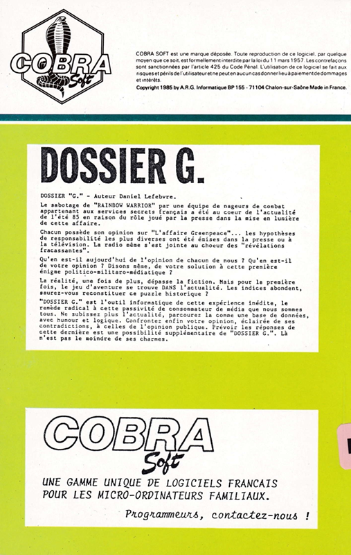 DOSSIER G : L'affaire du Rainbow-warrior - Dos