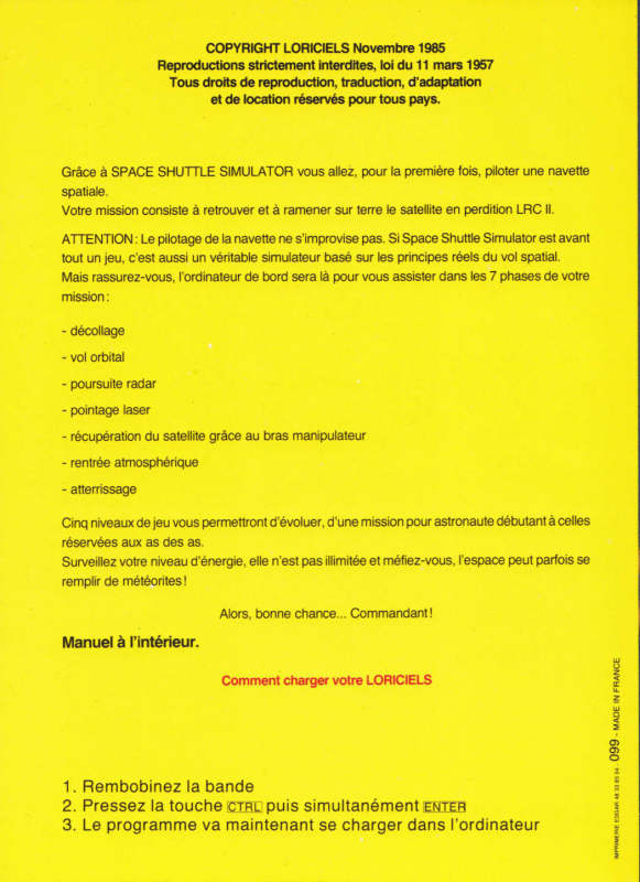 Space Shuttle Simulateur - Dos