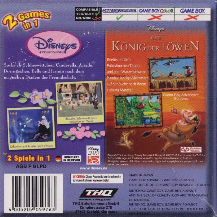2 Games in 1 : Disney Princesse + Le Roi Lion dos