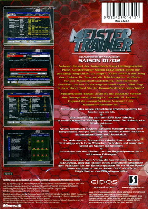 L'Entraineur Championship Manager : Saison 2001/2002 - Dos